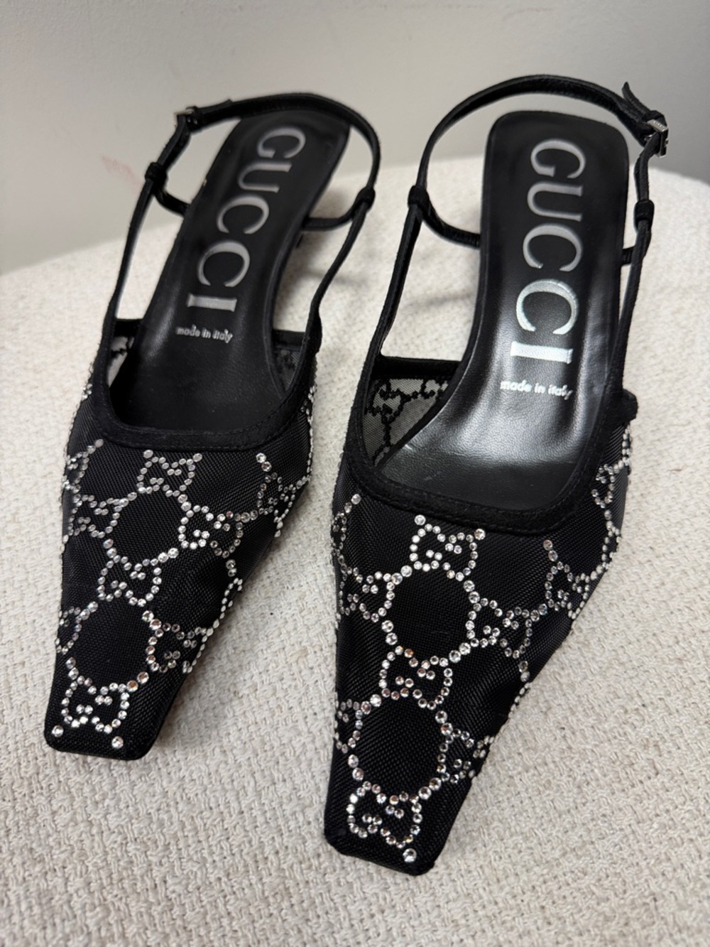 Gucci Black Crystal-Trim Slingback Pumps